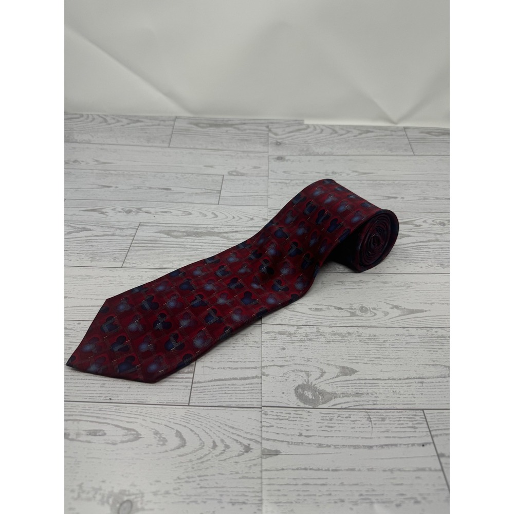 Walt Disney World Tie Burgundy Blue Mickey‎ Mouse Heads Silk Necktie Mens